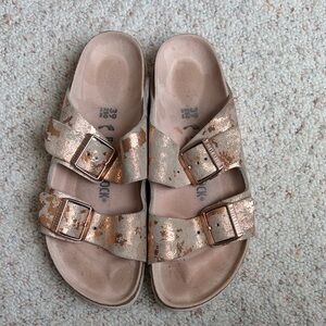 Birkenstock Rose Gold Metallic Double Strap Sandals